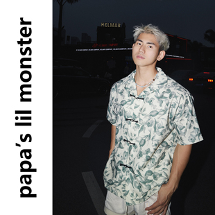 PAPASLILMONSTER美式 男百搭宽松花卉休闲上衣 复古钱老风短袖 衬衫