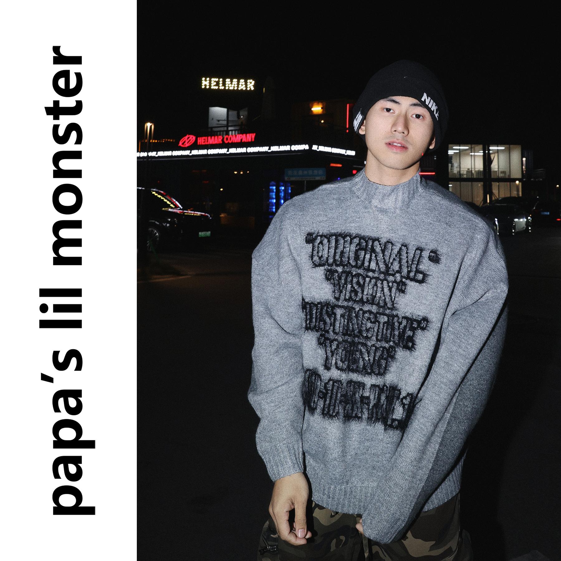 PAPASLILMONSTER美式街头半高领撞色毛衣男字母LOGO提花针织衫女