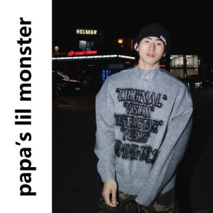 PAPASLILMONSTER美式街头半高领撞色毛衣男字母LOGO提花针织衫女