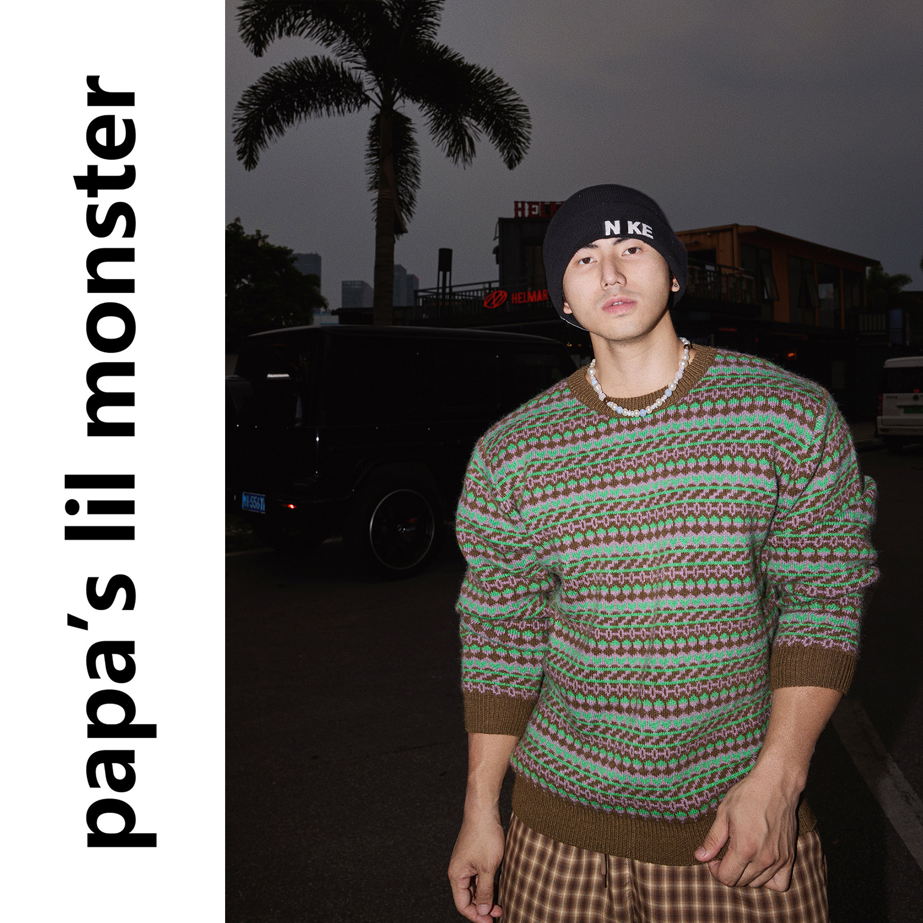 PAPASLILMONSTER 美式复古绿棕拼色设计休闲圆领套头针织毛衣男