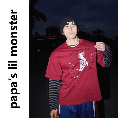 PAPASLILMONSTER 美式复古烫钻印花假两件 秋季休闲落肩长袖T恤男