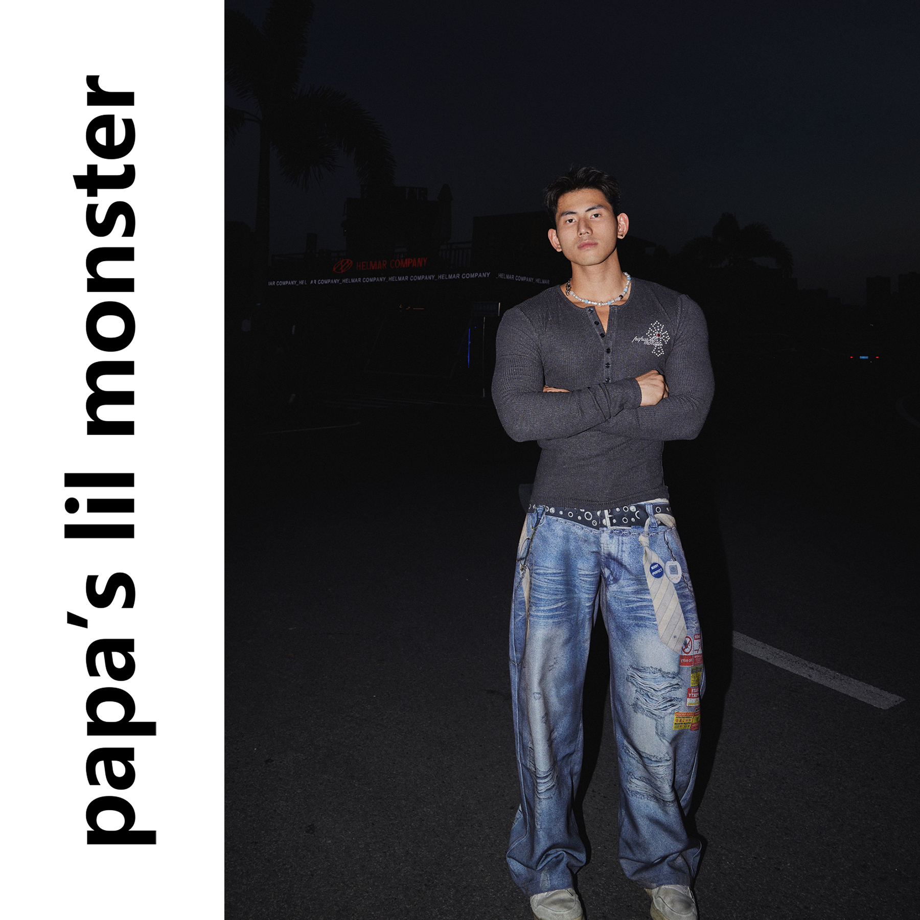 PAPASLILMONSTER【街头时髦】美式复古腰带印花宽松阔腿休闲裤男