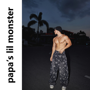 PAPASLILMONSTER【满印星星】美式做旧宽松阔腿弯刀牛仔裤男女