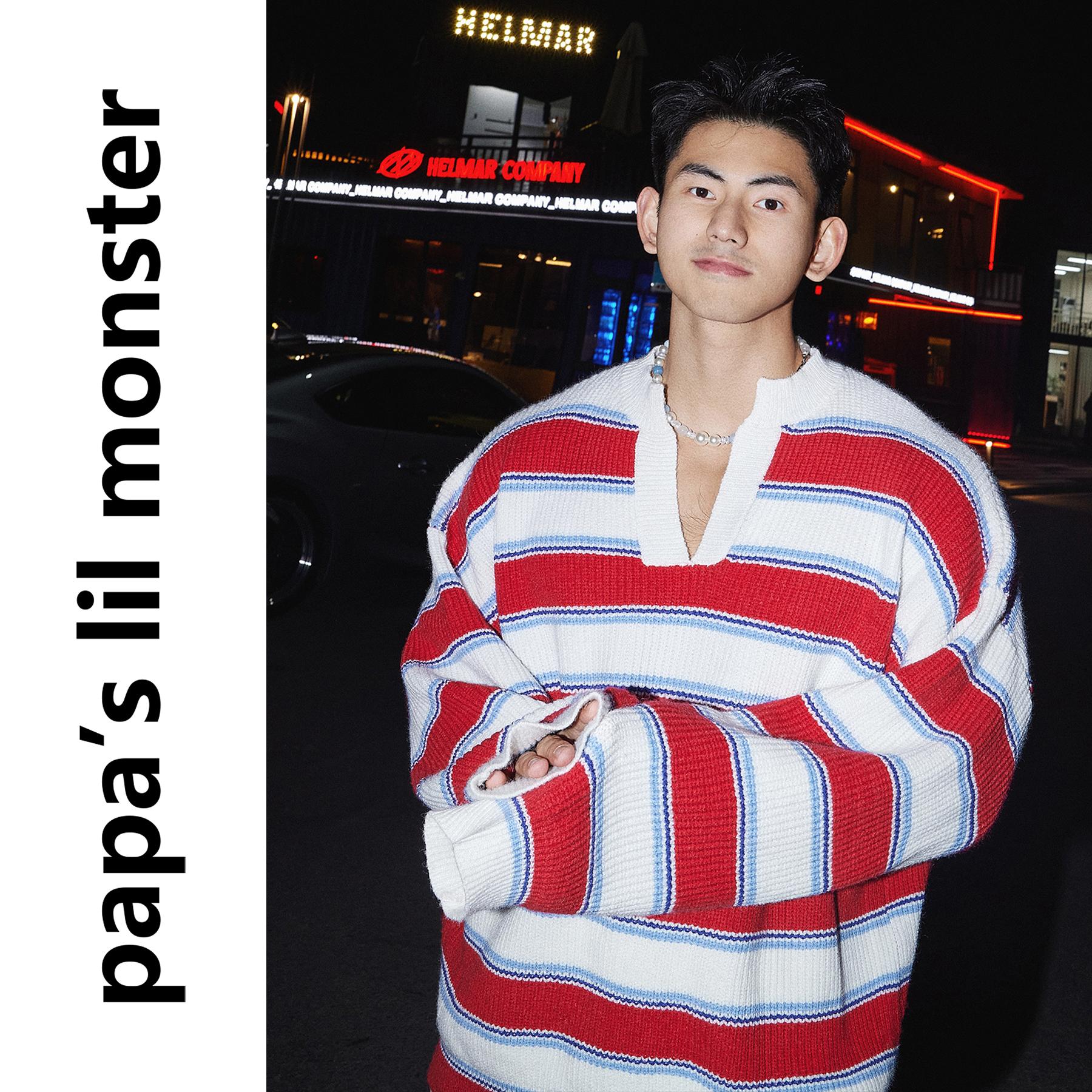 PAPASLILMONSTER【原创】美式秋冬新年红白蓝撞色毛衣男女高级感