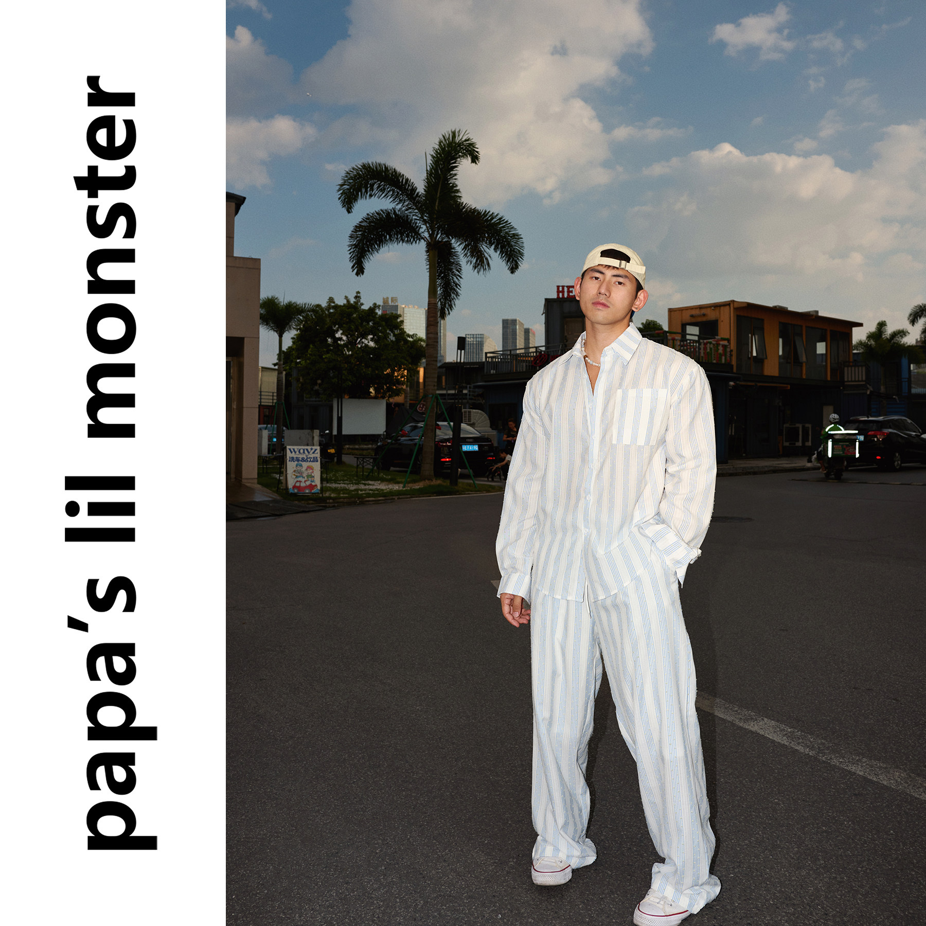 PAPASLILMONSTER 美式休闲度假风条纹点缀设计长袖衬衫长裤套装男