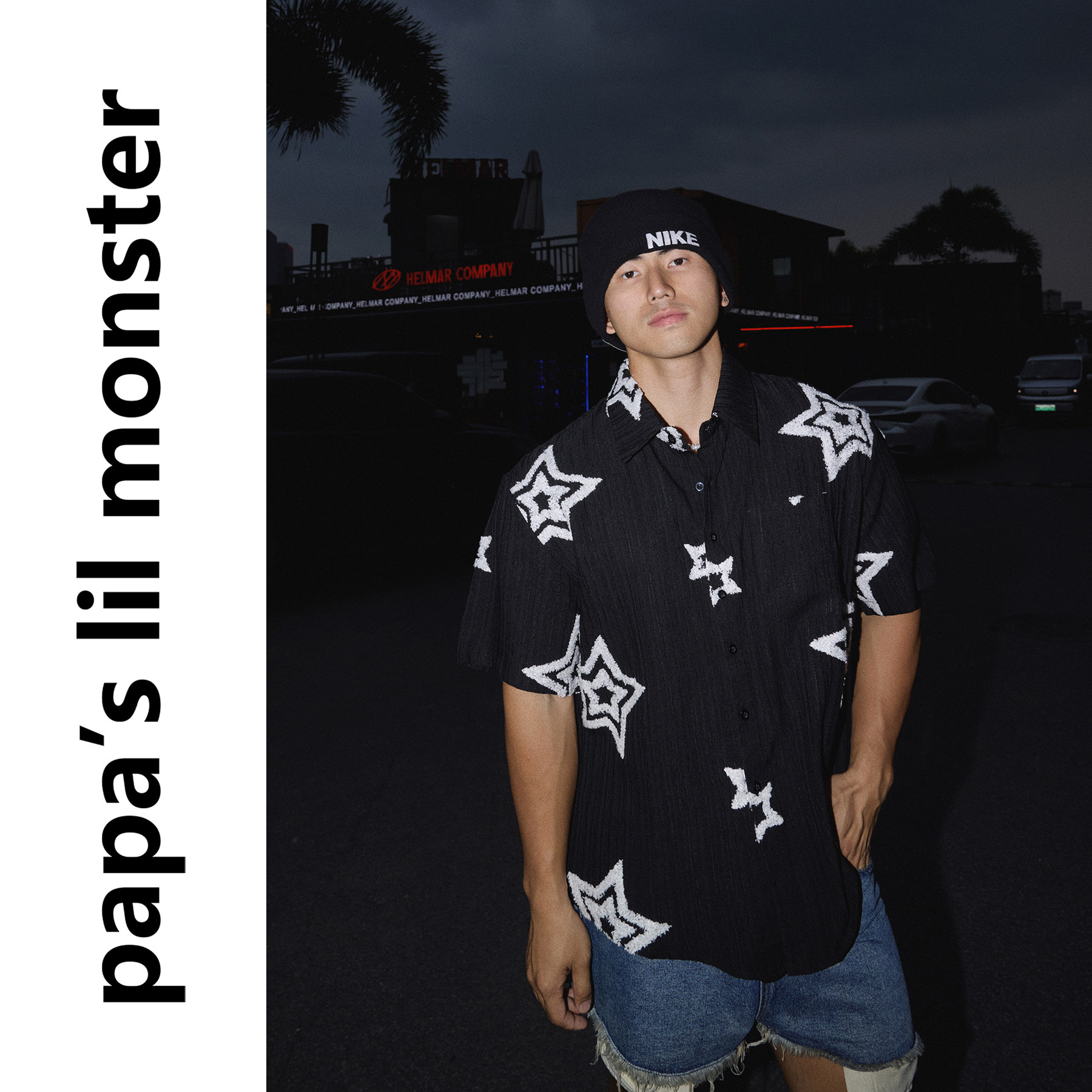 PAPASLILMONSTER 【万象更星】美式绣花工艺星星图案黑衬衫短袖男