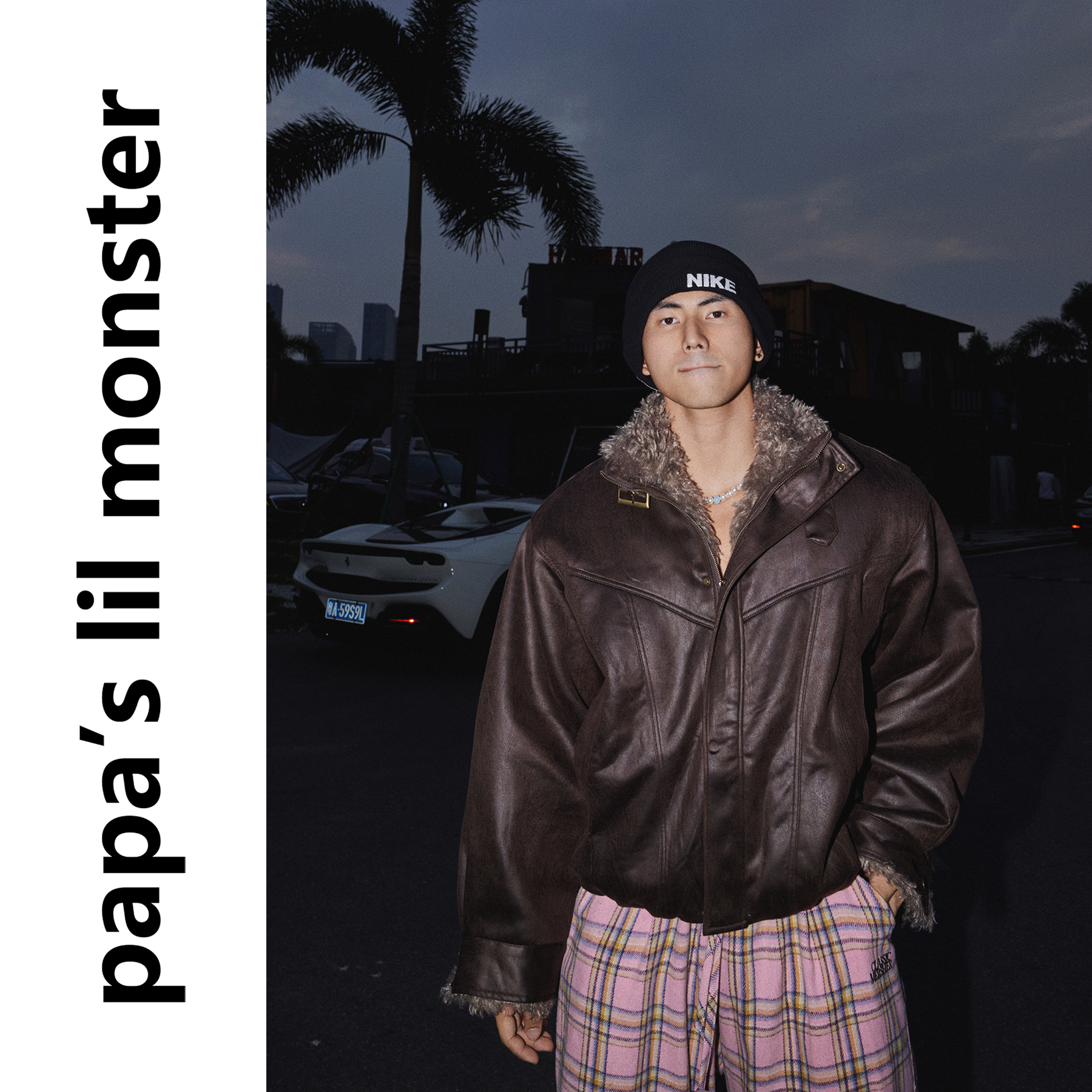 PAPASLILMONSTER 美式复古做旧感解构拼接PU皮保暖座山雕外套男女