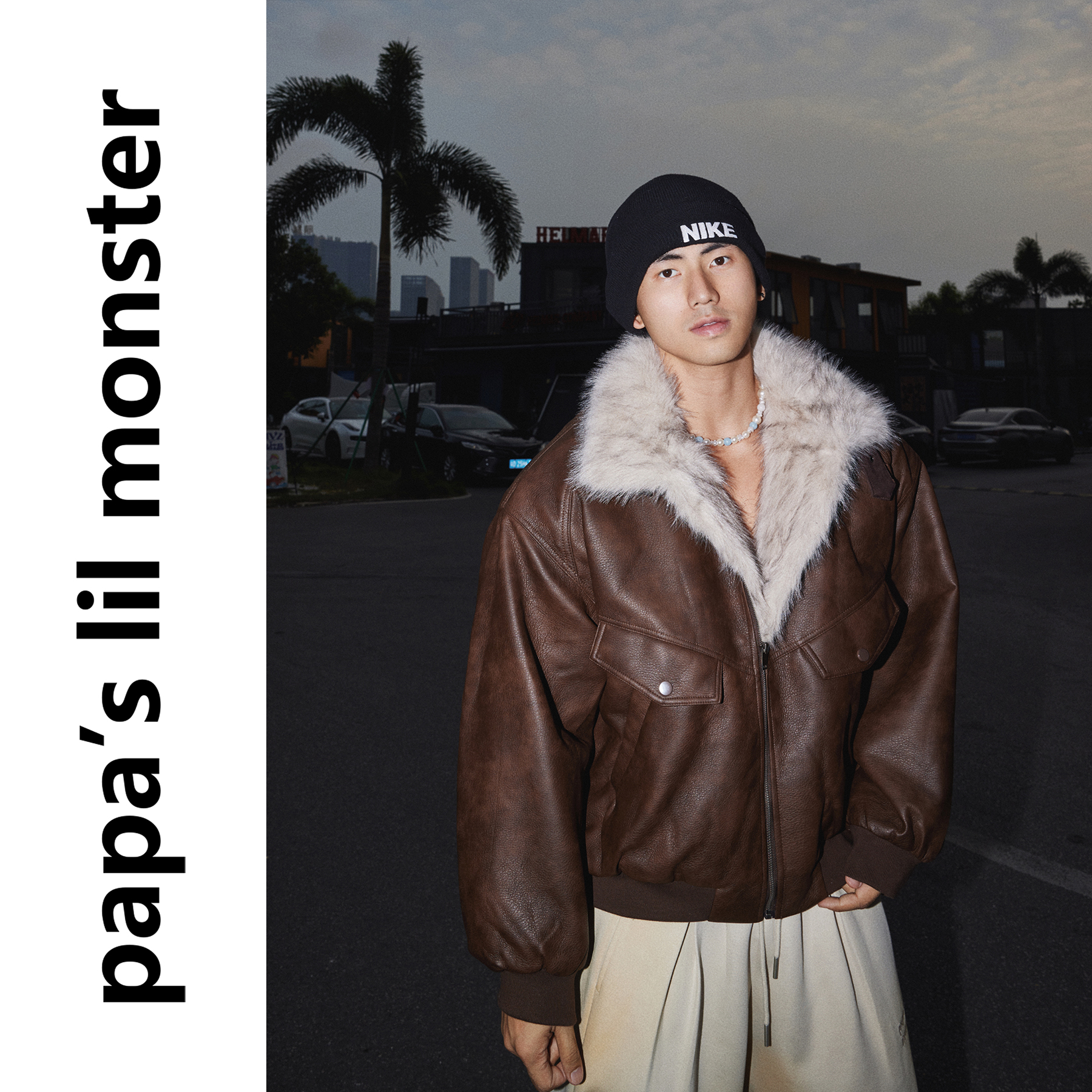 PAPASLILMONSTER 美式复古假两件毛领重磅夹克皮衣座山雕棉服男女