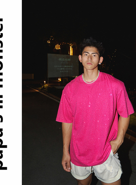 lil monster夏季纯色宽松短袖T恤男 美式休闲圆领闪钻设计上衣女