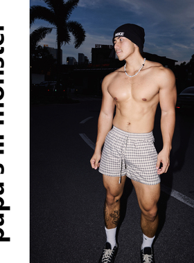 PAPASLILMONSTER 【自由国度】美式显腿长细格抽绳休闲裤短裤男