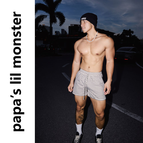 PAPASLILMONSTER 【自由国度】美式显腿长细格抽绳休闲裤短裤男