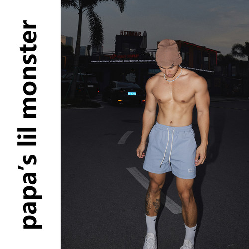 PAPASLILMONSTER 【原创】美式度假风纯色抽绳腰宽松休闲短裤男