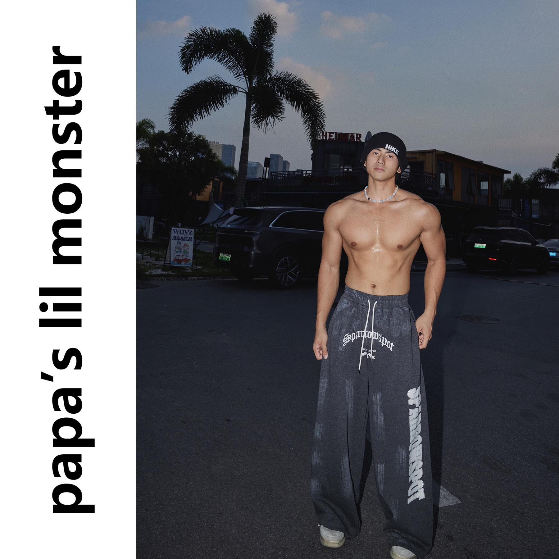 PAPASLILMONSTER【出勤穿搭】美式深灰字母印花休闲阔腿长裤男女