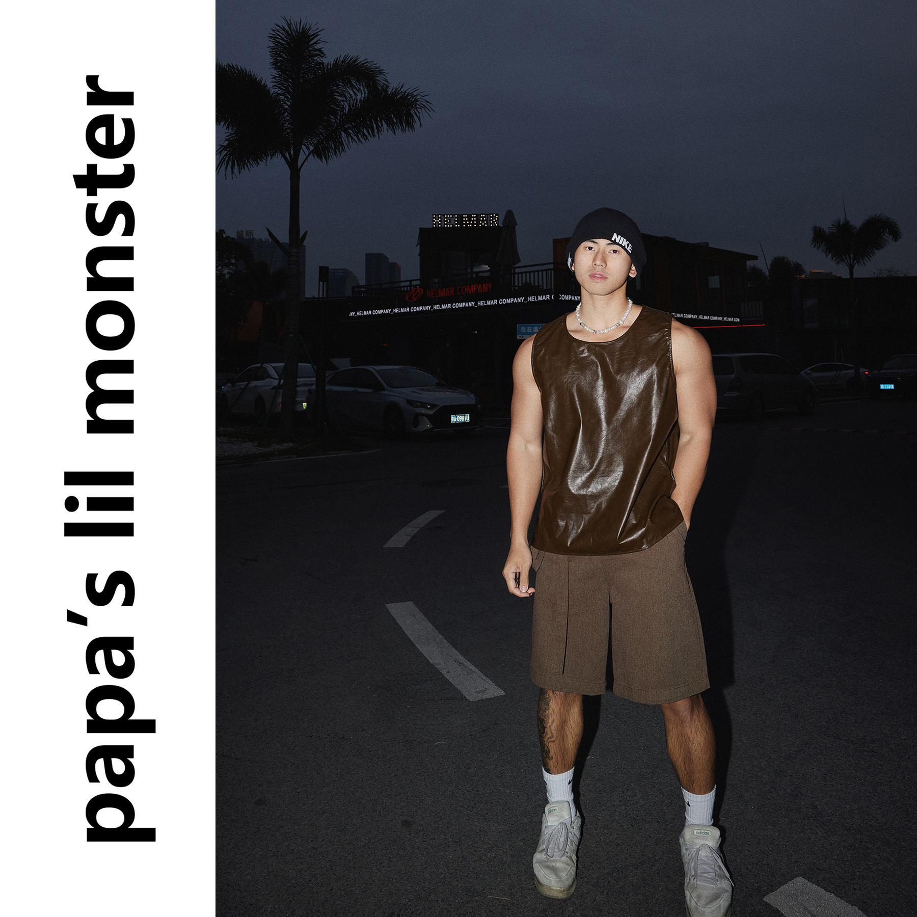 PAPASLILMONSTER美式PU皮无袖上衣慵懒宽松时髦背心打底上衣潮