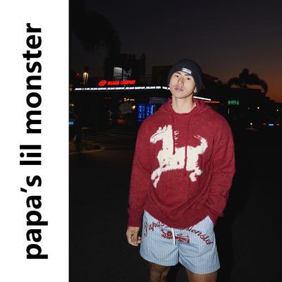 PAPASLILMONSTER【奇迹骏马】美式趣味卡通连帽毛衣宽松针织衫男