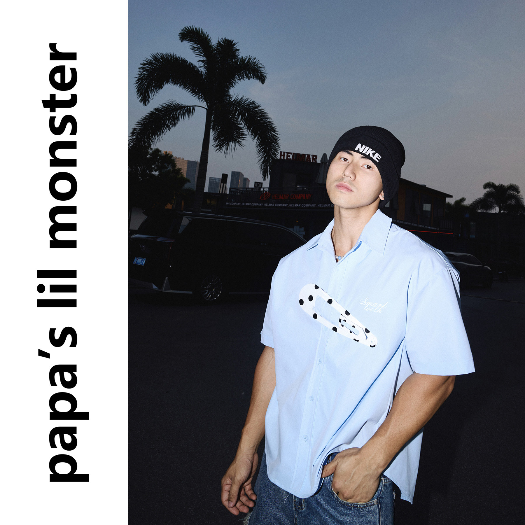 PAPASLILMONSTER  美式复古超大号发夹装饰纯色短袖休闲衬衫上衣