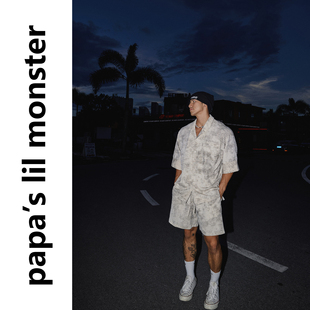 PAPASLILMONSTER【原创】美式做旧宽松短袖衬衫复古休闲短裤套装