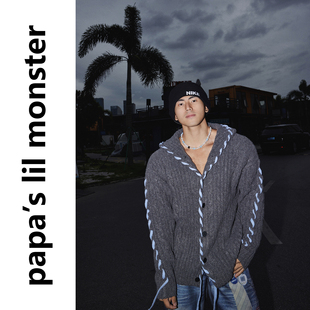 连帽宽松毛衣外套男 复古绑带粗麻针织衫 PAPASLILMONSTER 美式