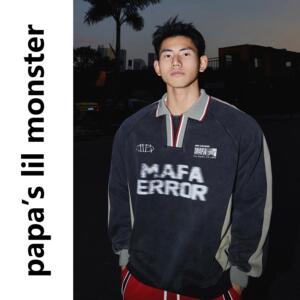 PAPASLILMONSTER美式街头复古V领卫衣学院运动撞色拼接棒球长T恤