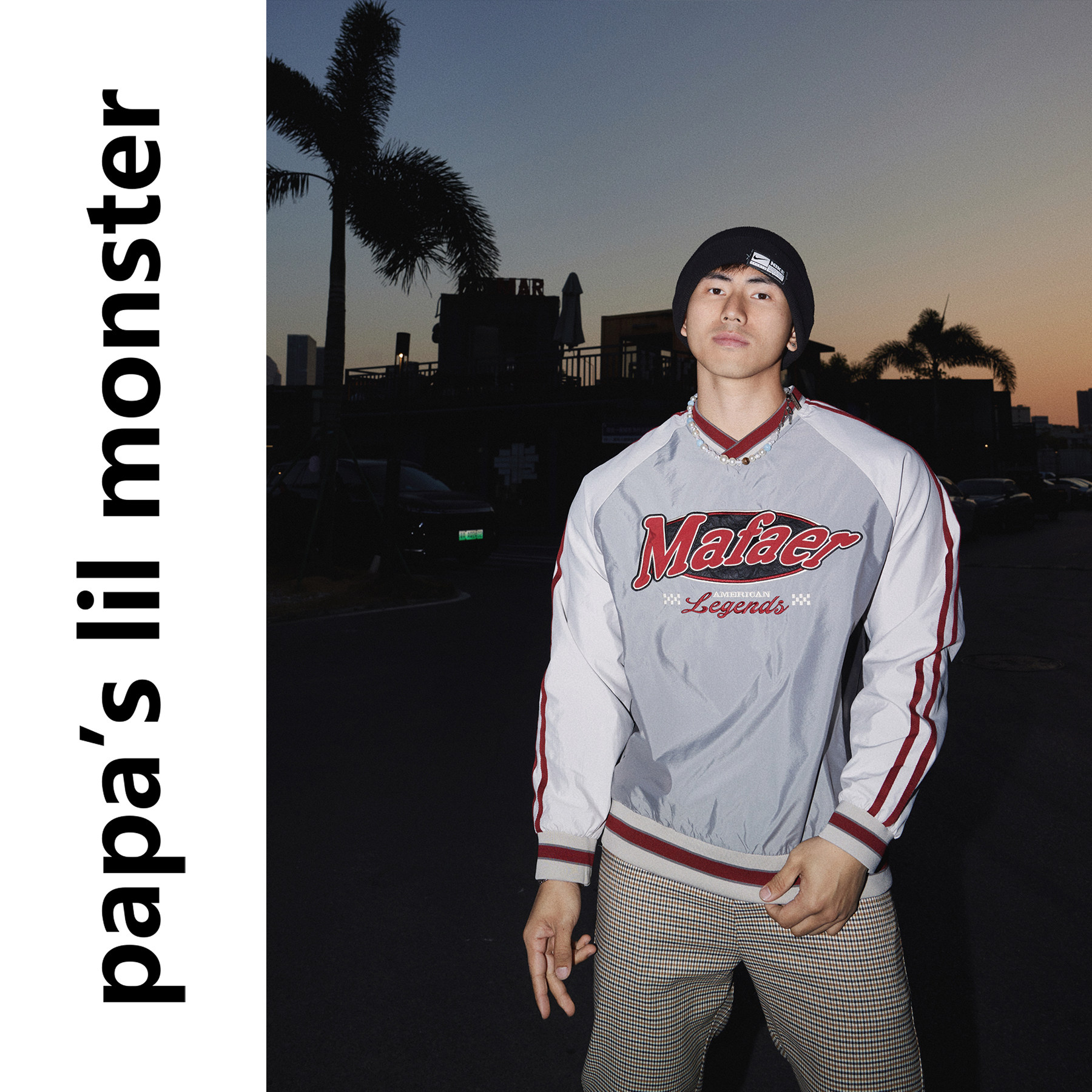 PAPASLILMONSTER【运动学院】美式复古刺绣条纹设计感套头卫衣男