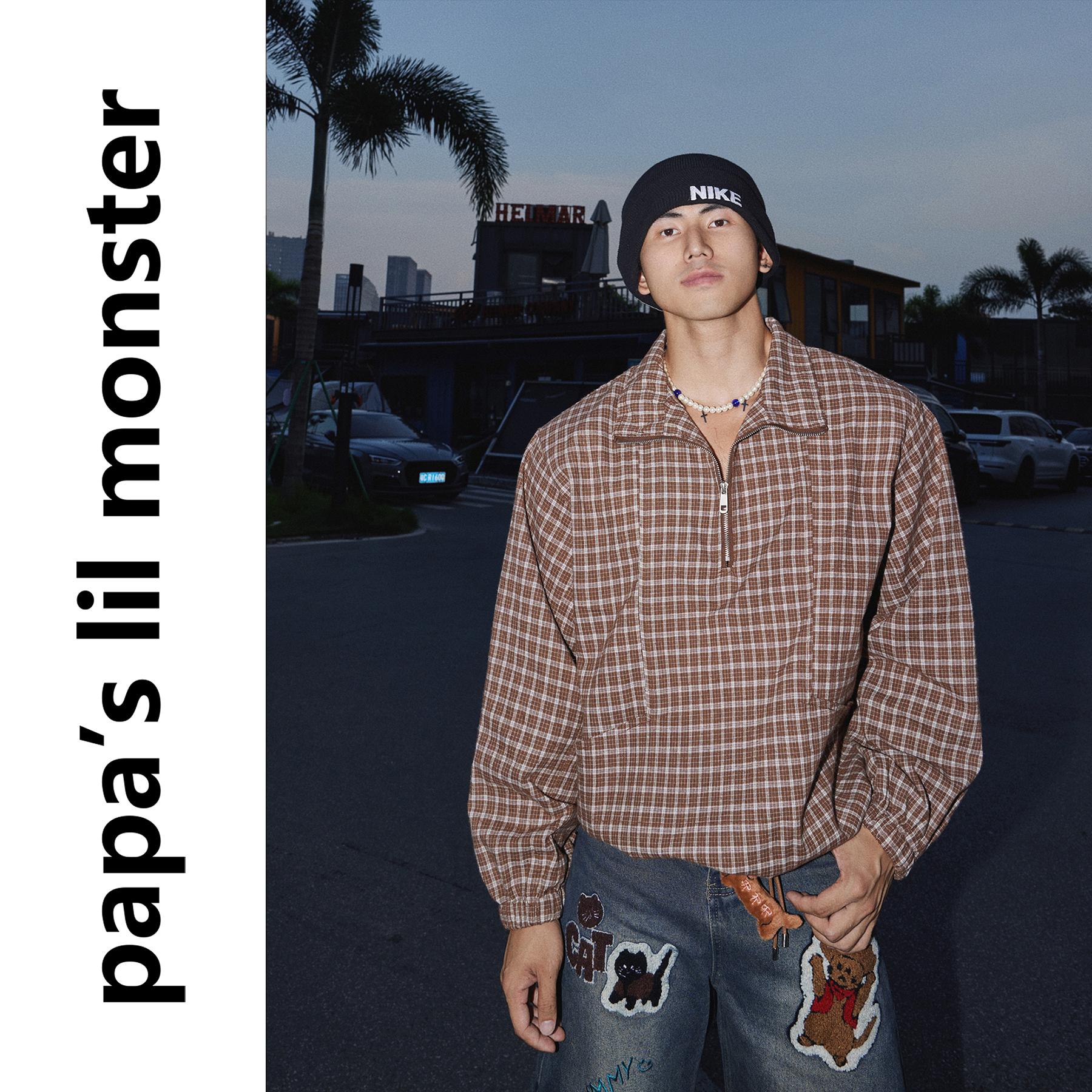 PAPASLILMONSTER【MIU系学院】英伦半拉链设计格子长袖外套男女