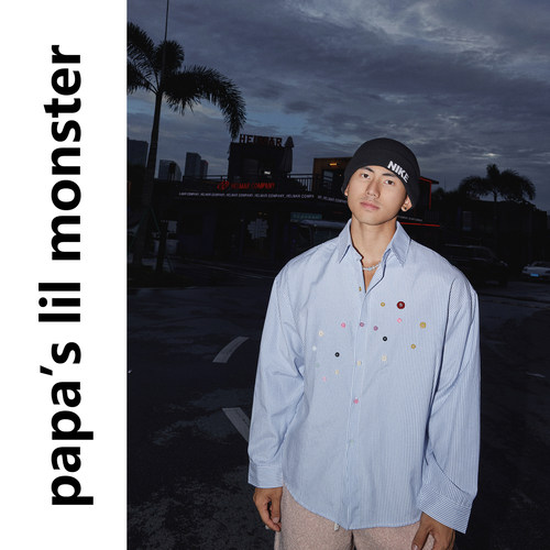 Papaslilmonster【户外通勤】早秋纽扣设计细条纹宽松长袖衬衫男