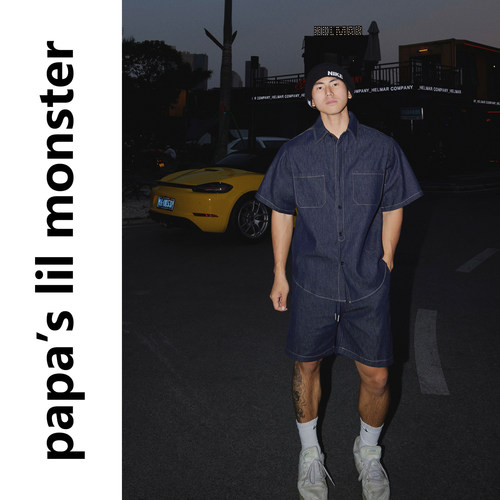 PAPASLILMONSTER美式复古夏季拼接翻领宽松牛仔衬衣短裤套装男