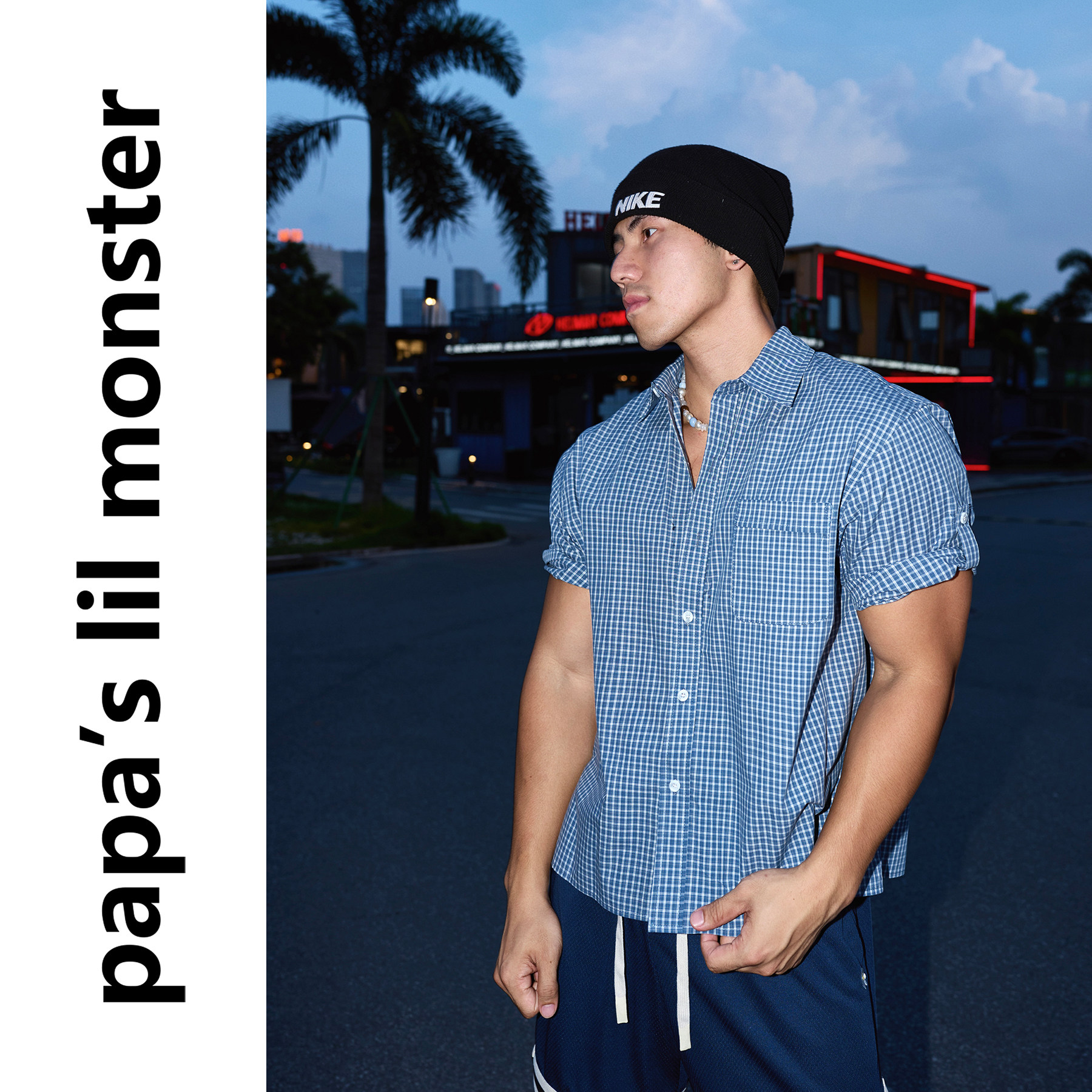 PAPASLILMONSTER 【海洋之心】美式文艺感细格袖袢固定短袖衬衫男