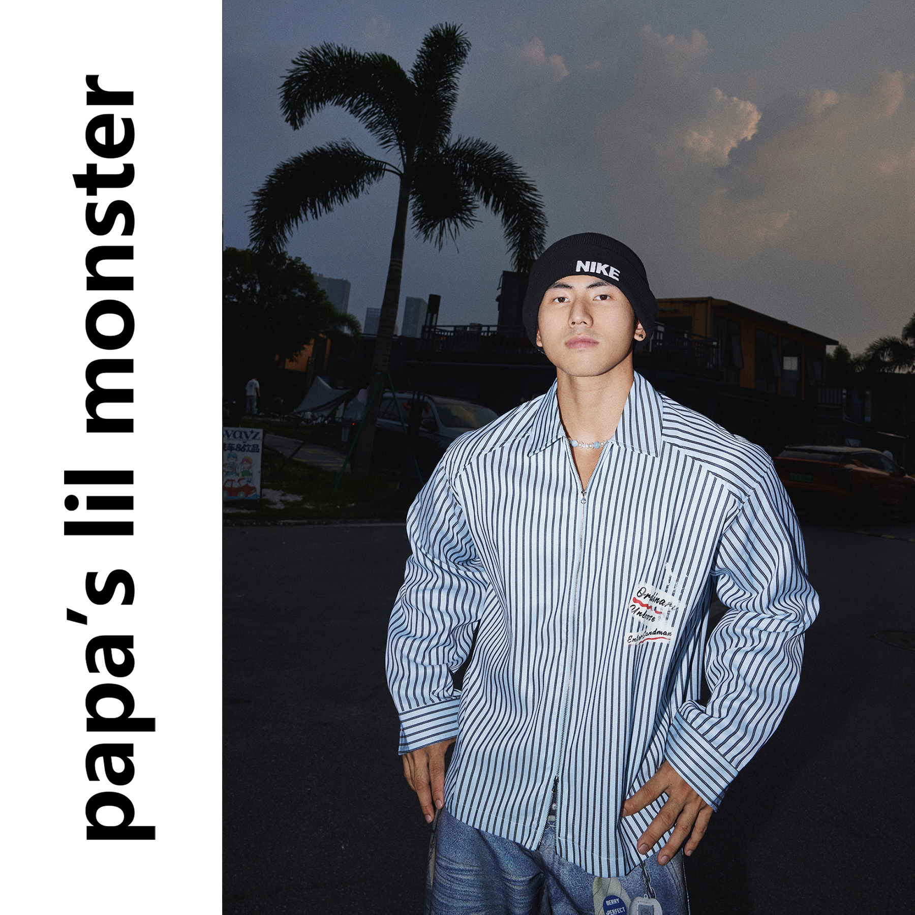 PAPASLILMONSTER【极简穿搭】美式简约条纹印花设计翻领长袖衬衫