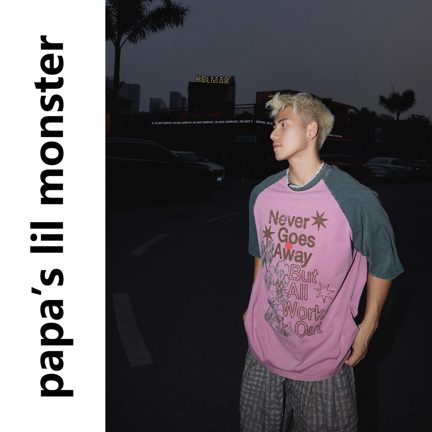 PAPASLILMONSTER美式复古街头插肩袖撞色字母印花短袖男宽松上衣