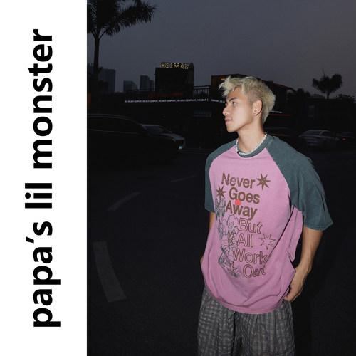 PAPASLILMONSTER美式复古街头插肩袖撞色字母印花短袖男宽松上衣