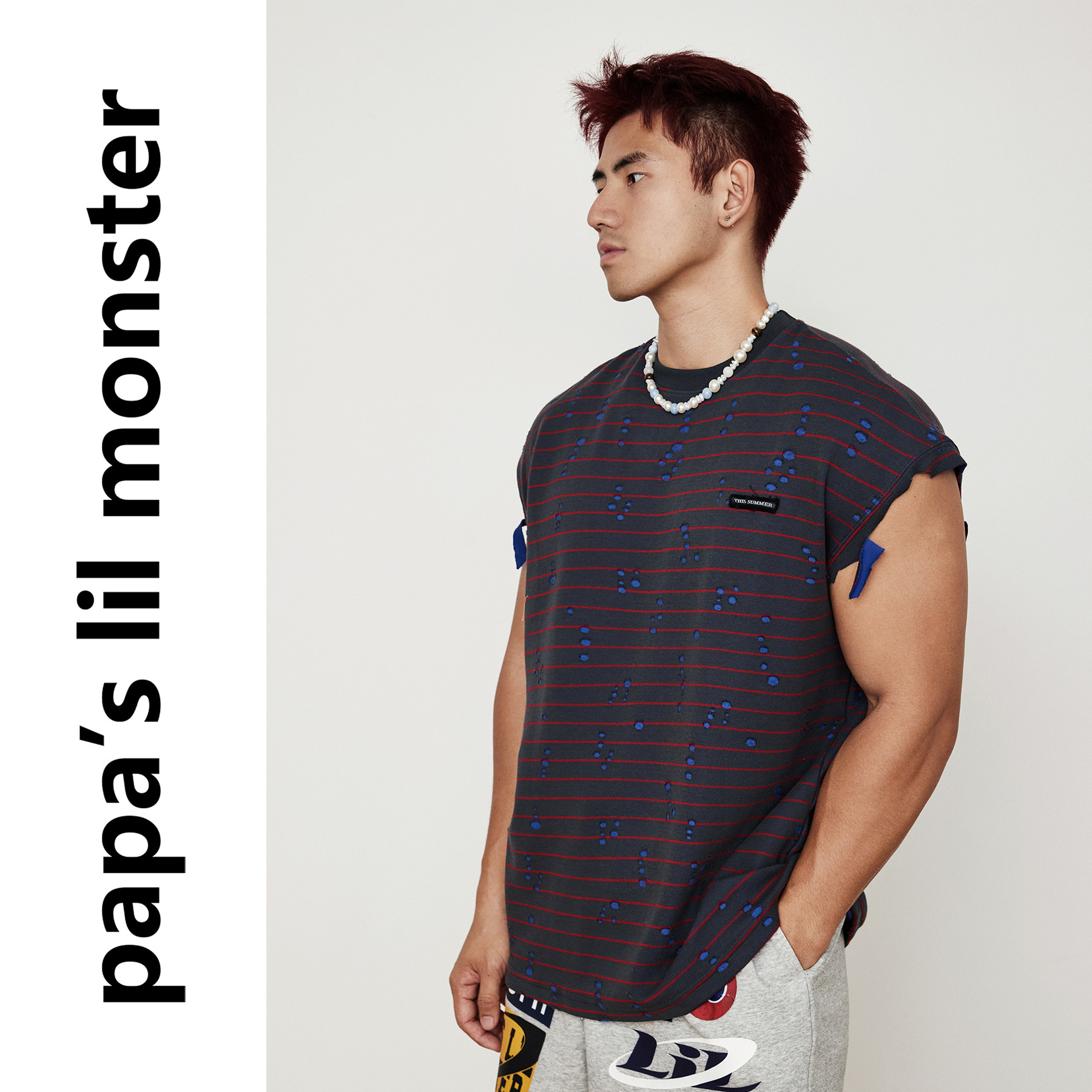 PAPASLILMONSTER【底特律】美式复古无袖条纹破洞设计坎肩背心男