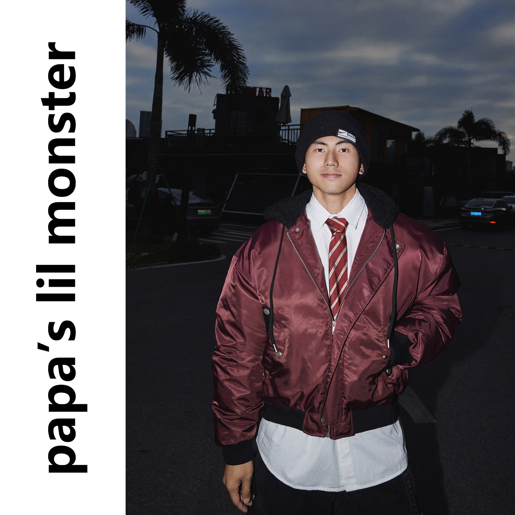 PAPASLILMONSTER 美式复古羊羔毛连帽酒红色保暖棉服外套男女