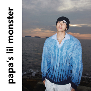 PAPASLILMONSTER【原创】美式复古撞色翻领针织衫宽松慵懒毛衣