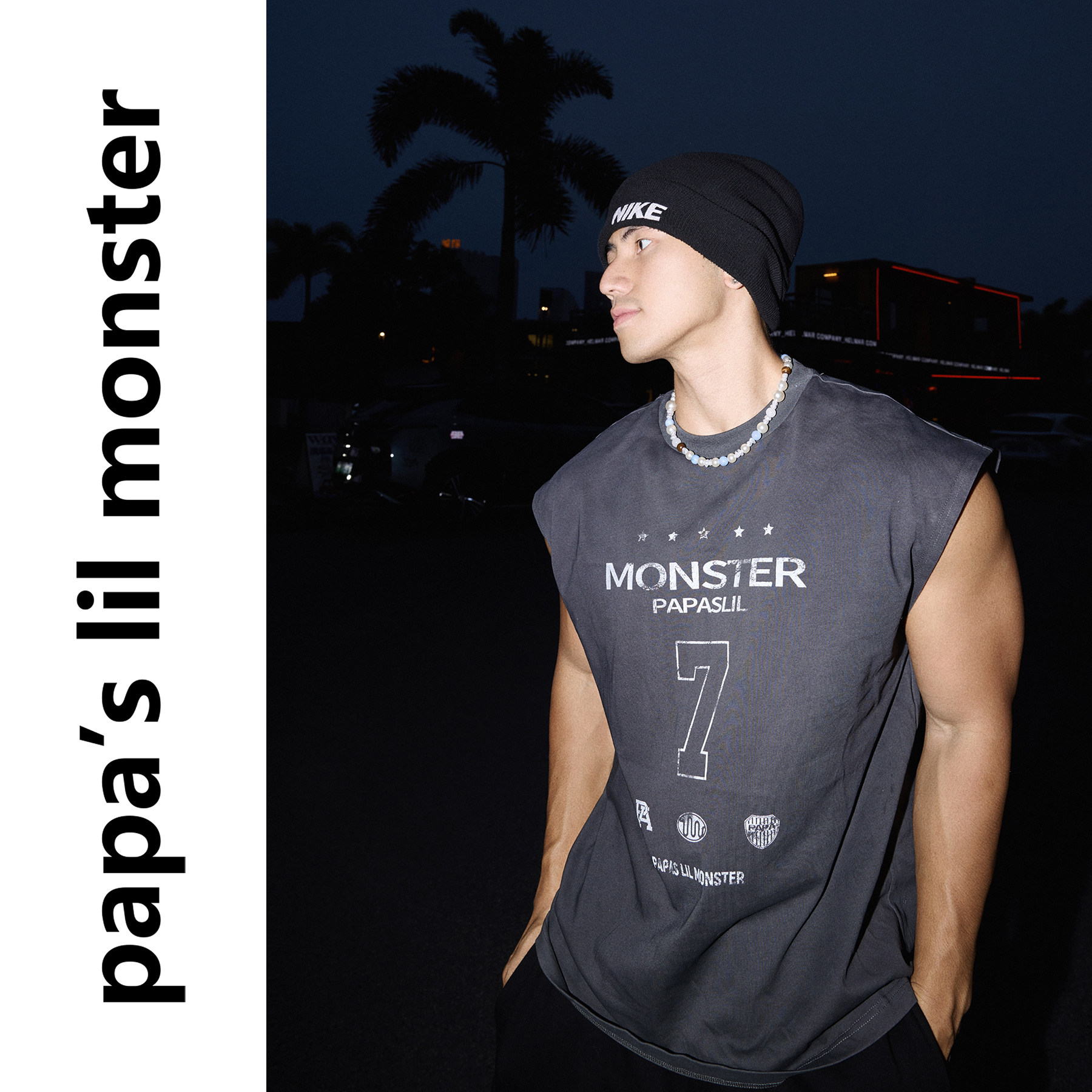 PAPASLILMONSTER 【原创】美式街头风碳灰数字印花宽松无袖坎肩男