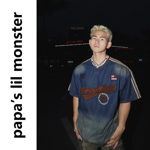 PAPASLILMONSTER美式复古毛巾刺绣字母牛仔T恤男夏季宽松上衣潮