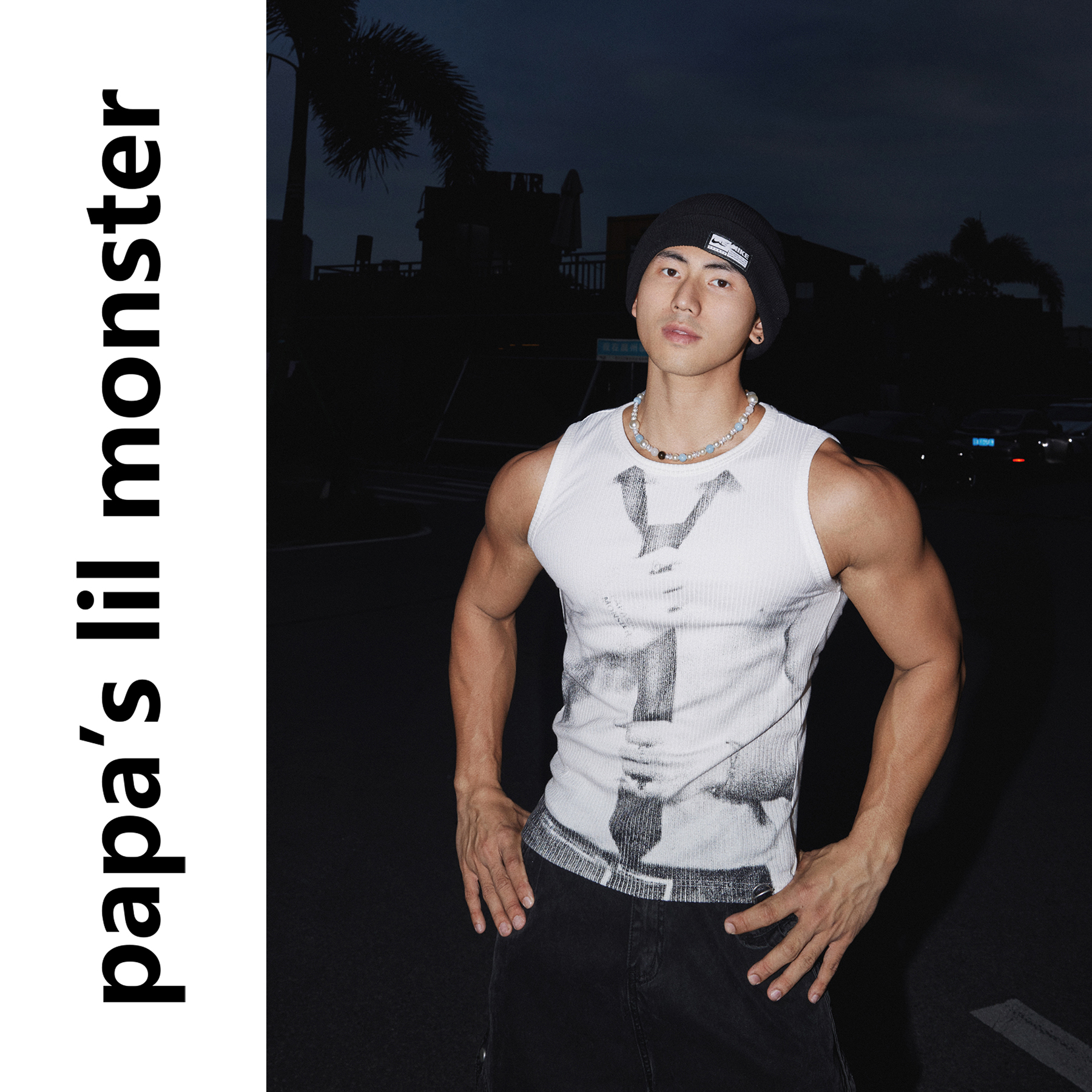 PAPASLILMONSTER【原创】美式无袖背心男白色印花打底衫潮流上衣