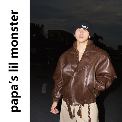 PAPASLILMONSTER 美式复古机能风PU皮衣夹克宽松翻领松弛感外套男