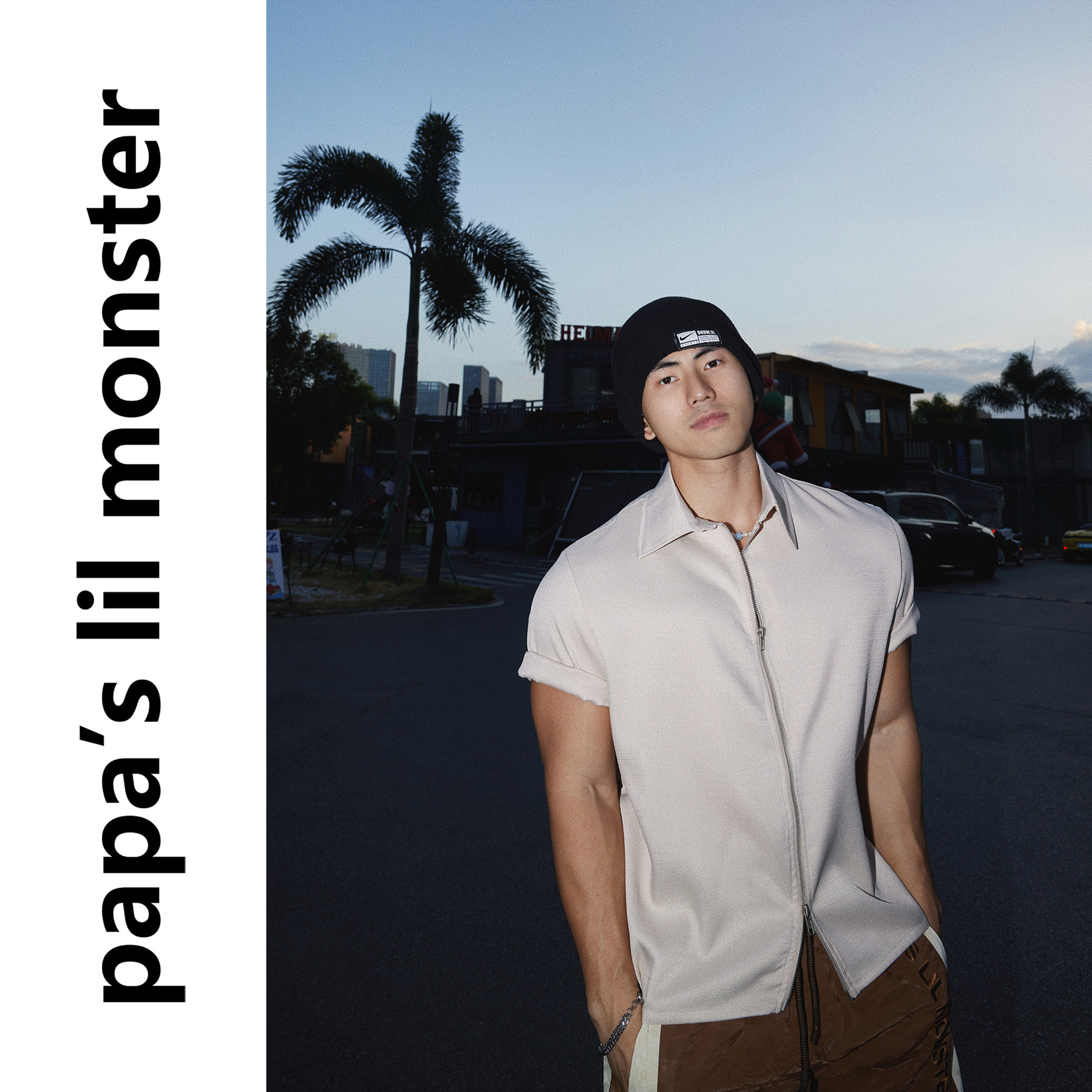 PAPASLILMONSTER【纯色单调】美式复古弯曲拉链设计短袖衬衫男
