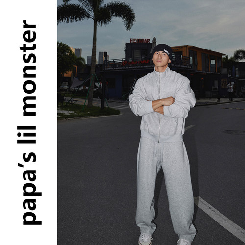 Papaslilmonster​ -情侣搭配-美式纯色拉链卫衣休闲长裤套装男