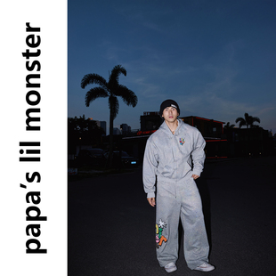 PAPASLILMONSTER 美式嘻哈风 破洞彩色碎点连帽卫衣阔腿裤套装男