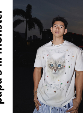 PAPASLILMONSTER【原创】26SS美式猫咪印花短袖T恤男圆领宽松上衣