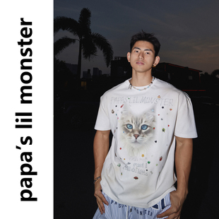 猫咪印花短袖 26SS美式 T恤男圆领宽松上衣 原创 PAPASLILMONSTER