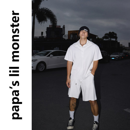 PAPASLILMONSTER  美式纯色半开襟落肩垂感短袖衬衫短裤套装男