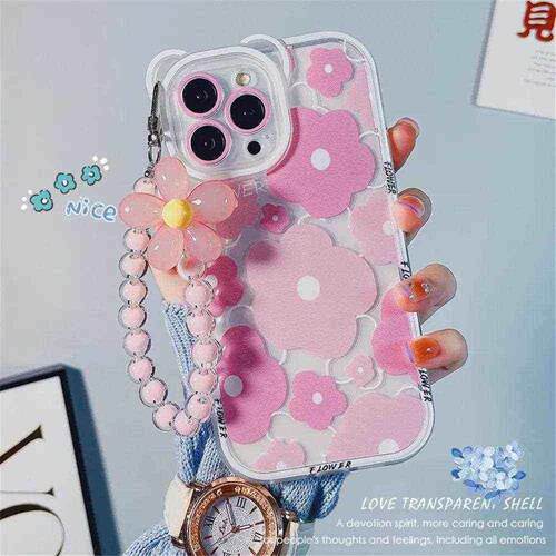 Cute 3D Bear Ear Flower Hang Phone Chain Clear Soft Case for