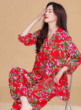 花衣服女村姑东北大花短袖夏棉绸睡衣女七分袖宽松民族风套装外穿