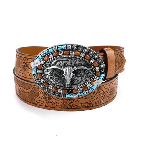 Denim belt cow head large plate buckle trendy 牛仔皮带牛头