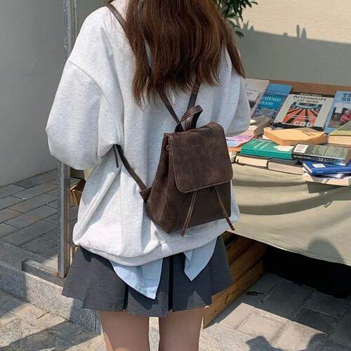 Small Drawstring Flap Backpack Women Mini PU Leather Texture