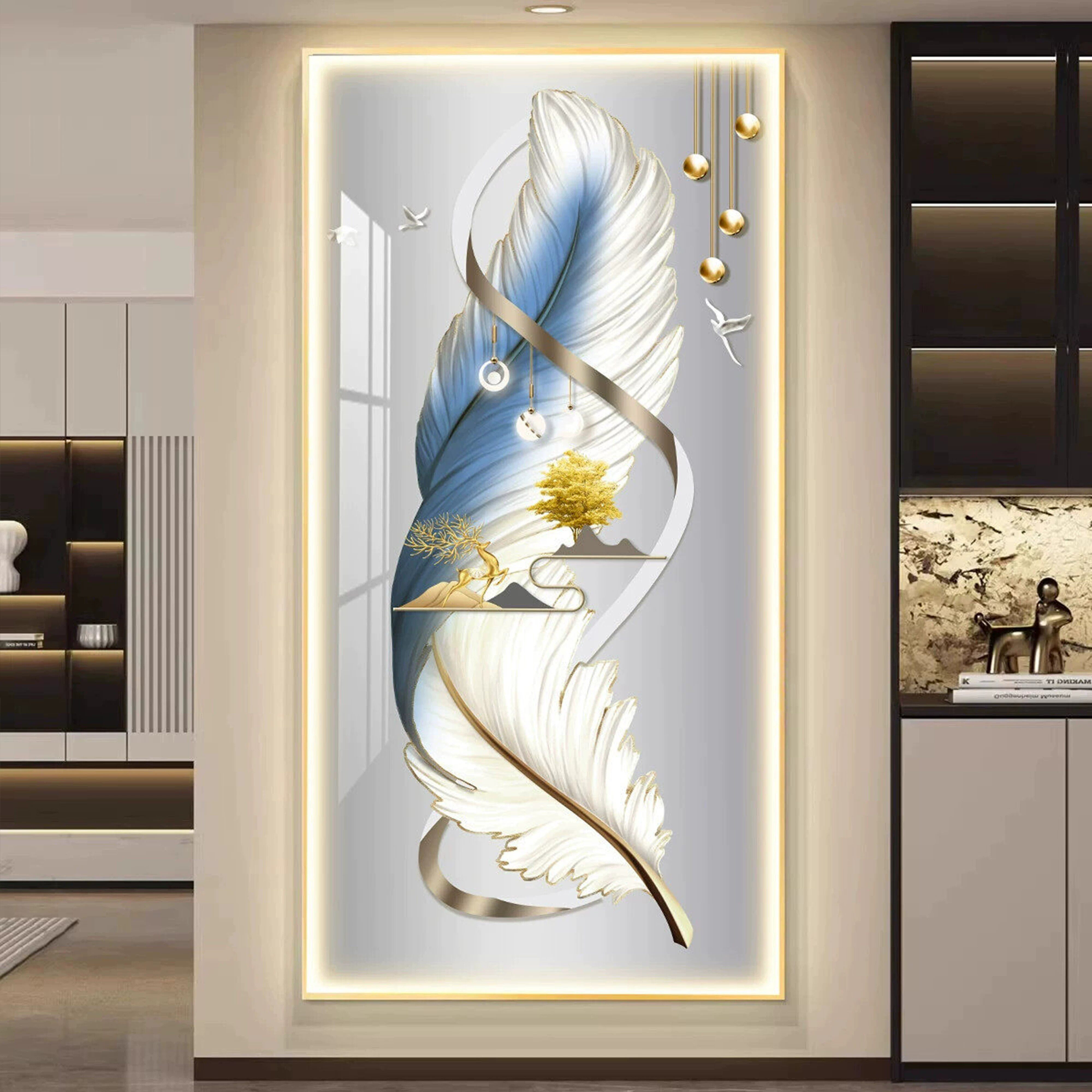 羽毛轻奢led带灯入户玄关装饰画走廊过道挂画壁画简约现代高级感