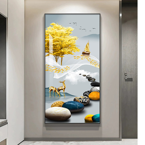 石来运转入户玄关画大气竖版走廊挂画轻奢现代高档壁画晶瓷镶钻
